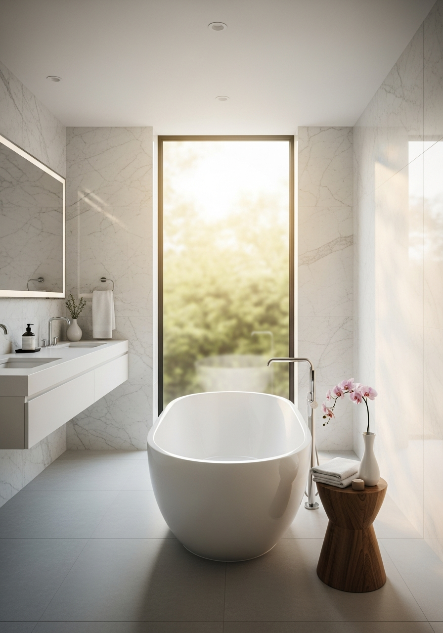 Elegant freestanding tub bright bathroom